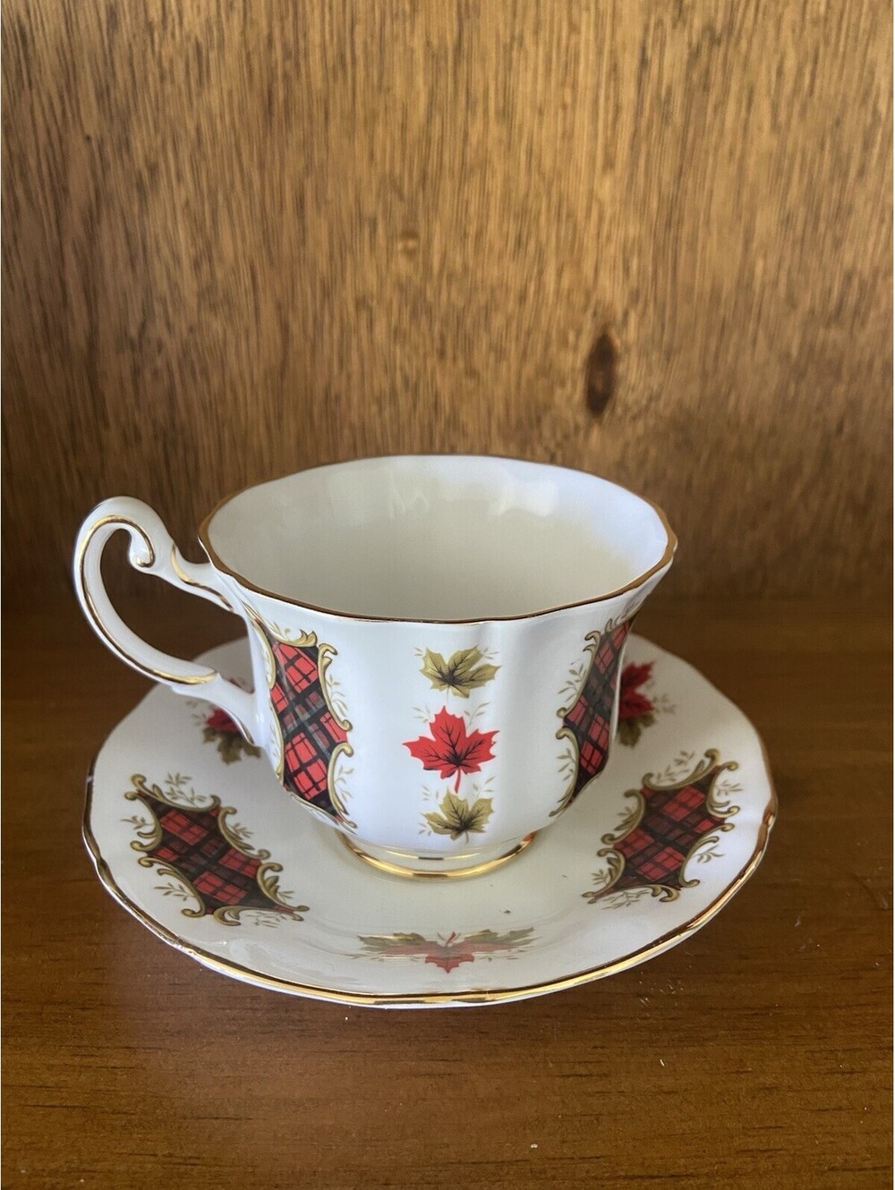 Royal Adderley Maple Leaf Tartan Bone China Teacup & Saucer Set England Canada